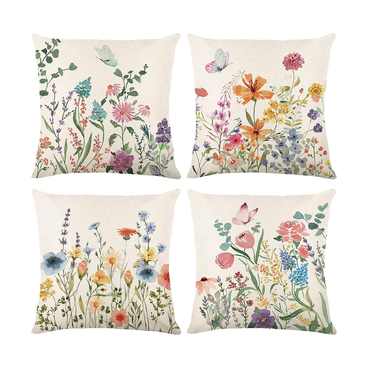 Spring Summer Pillow Covers 20x20 Set of 4, Floral Seasonal Summer Outdoor Decoration Pillowcase Linen Cushion Cover