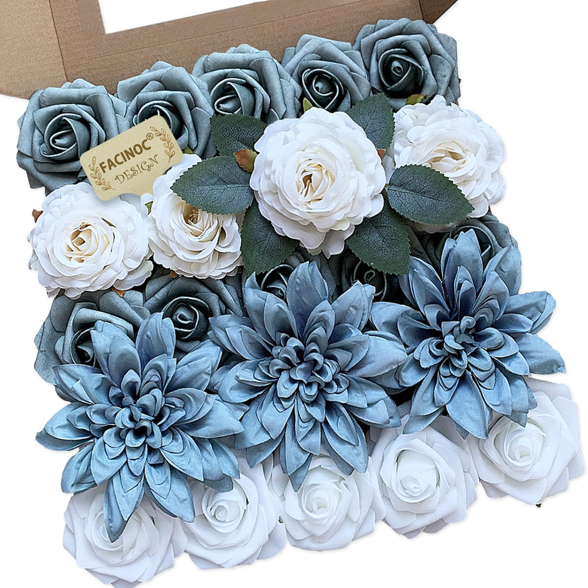 Roses Artificial Flowers Dusty Blue Fake Flower with Stem Box Set
