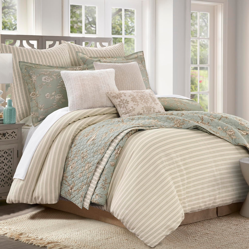 Lyon Teal Duvet Cover Set - Duvet (106x94in) and 2 Shams (20x36in) - Toile Bird Floral Design - Teal