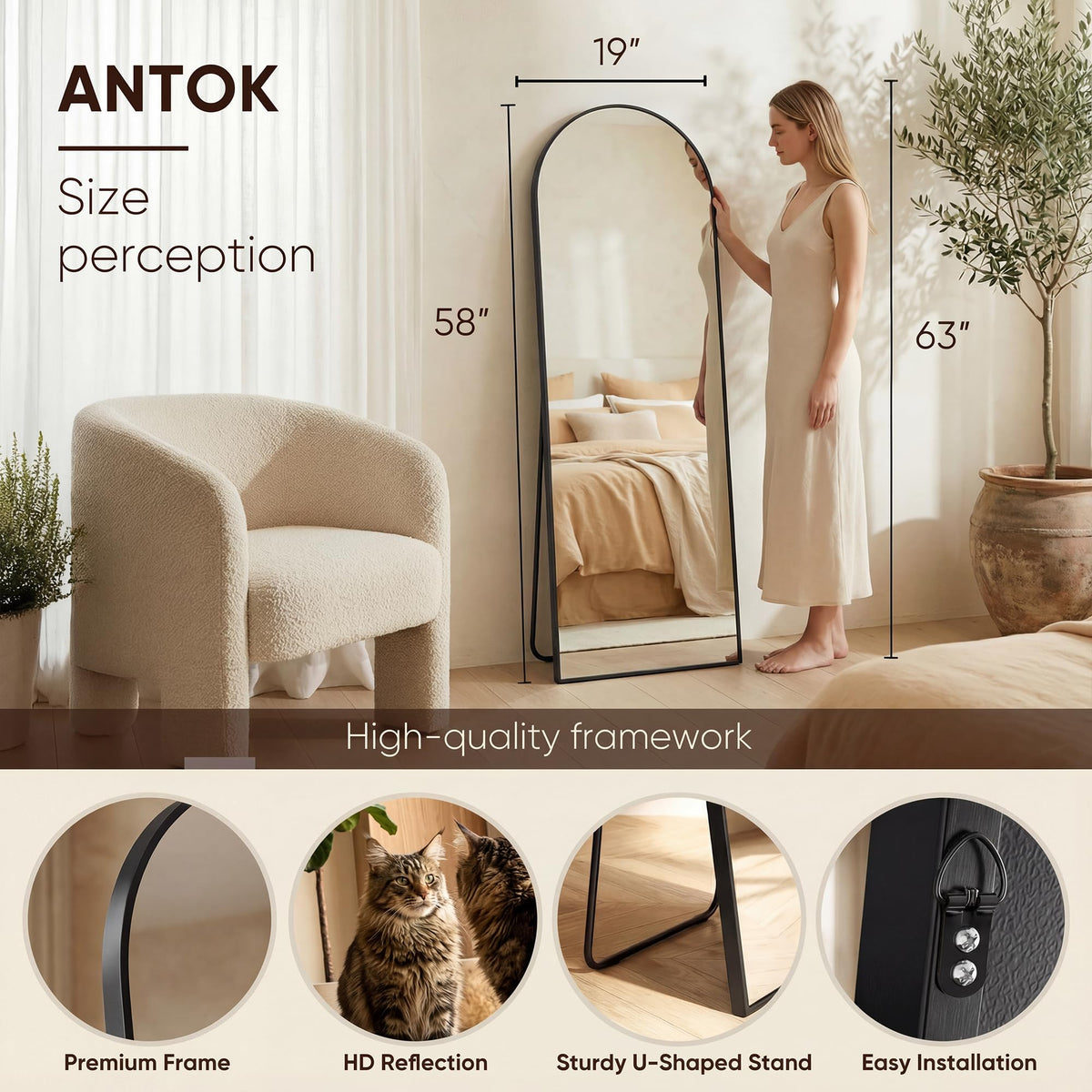 58" x19" Arched Full Length Mirror, Floor Mirror with Stand,Black
