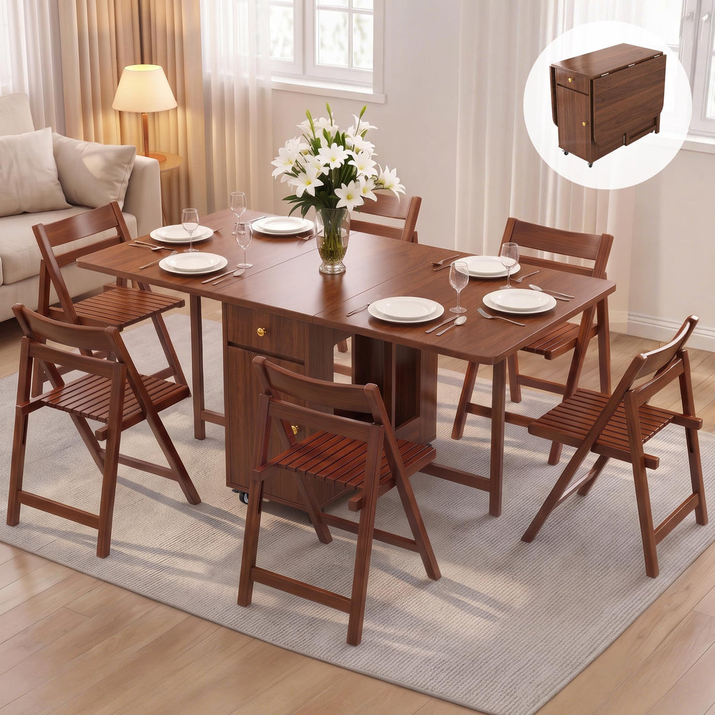 Folding Drop Leaf Dining Table and 6 Chairs, Space Saving Set, Walnut, 59"