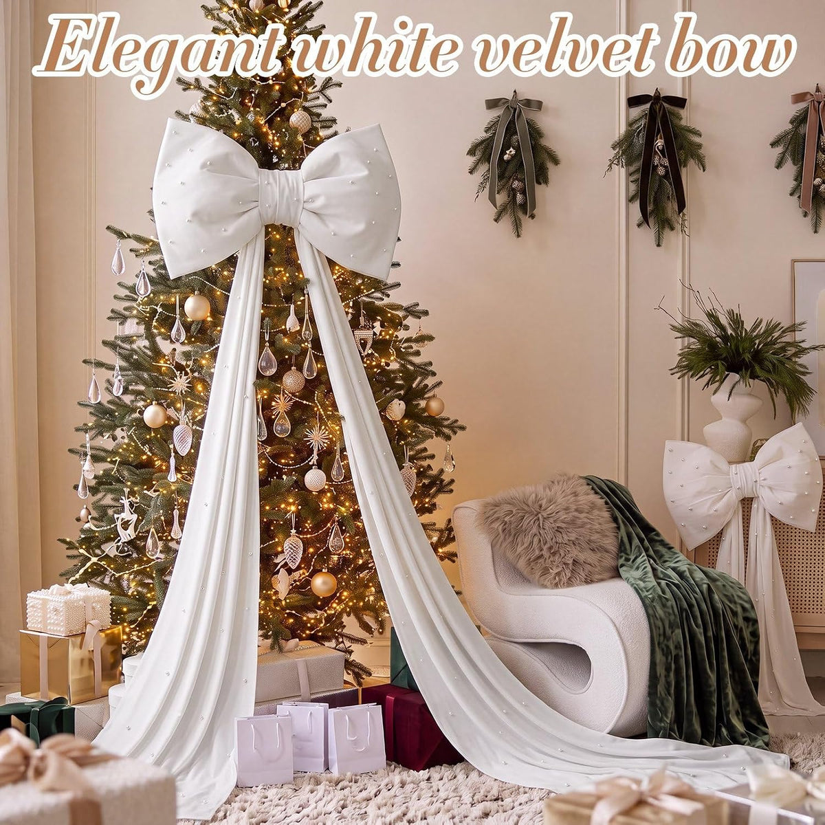 Giant Velvet Christmas Tree Topper Bow, Beige, Approx. 70 Inches with Long Tails