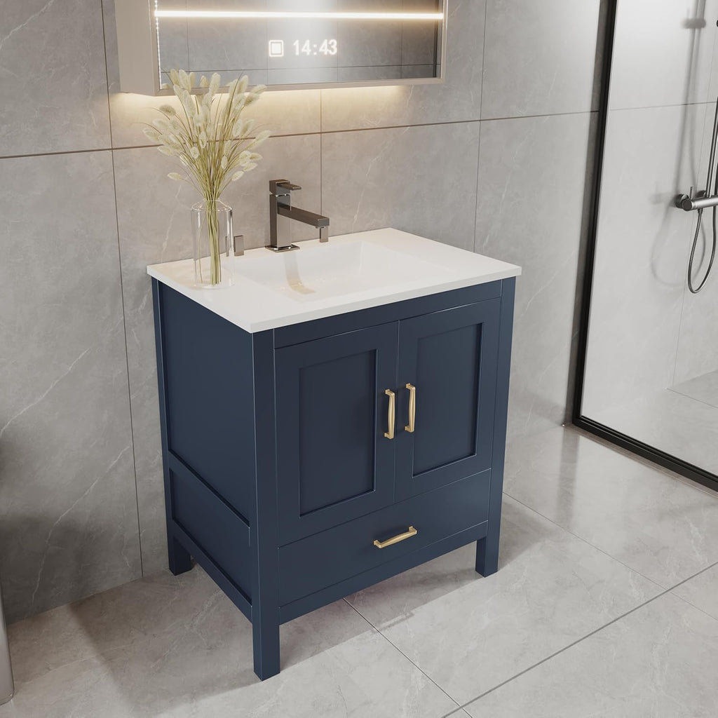 30 Inch Blue Freestanding Bathroom Vanity Sink Base Cabinet Without Top with Bottom Drawer / Handler -- 30-inch-blue-freestanding-bathroom-vanity-sink-base-cabinet-bottom-drawer