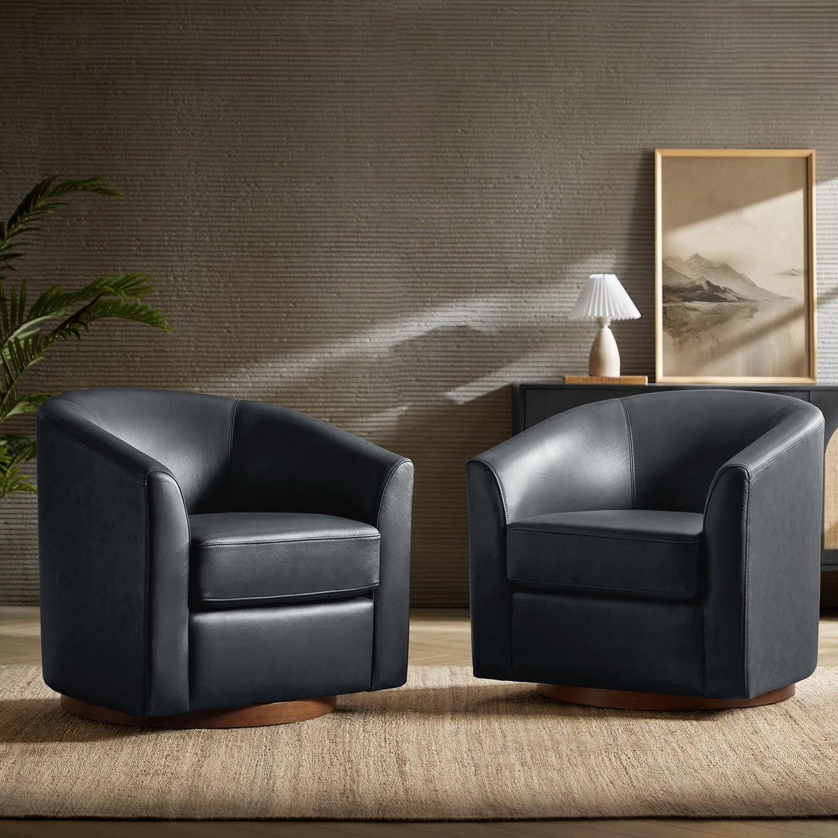 Genuine Leather Swivel Barrel Accent Chairs Set of 2, Navy