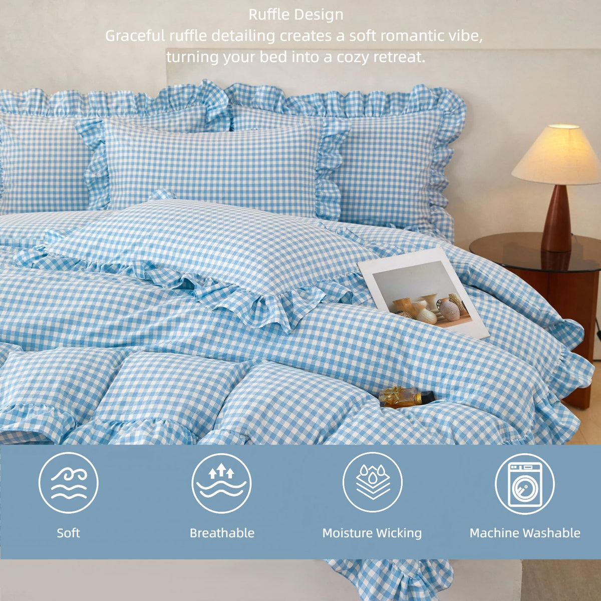 Gingham Ruffle Comforter Sets 5 Pieces Farmhouse Vintage Grid Comforter Bedding Soft Breathable Checkered