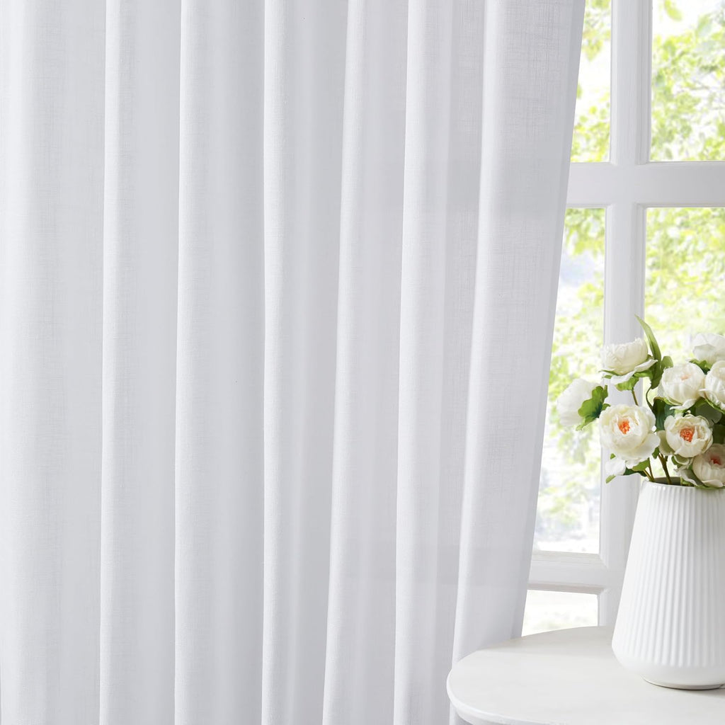 72 Inches White Pinch Pleated Linen Semi Sheer Curtains (Set of 2 Panels)
