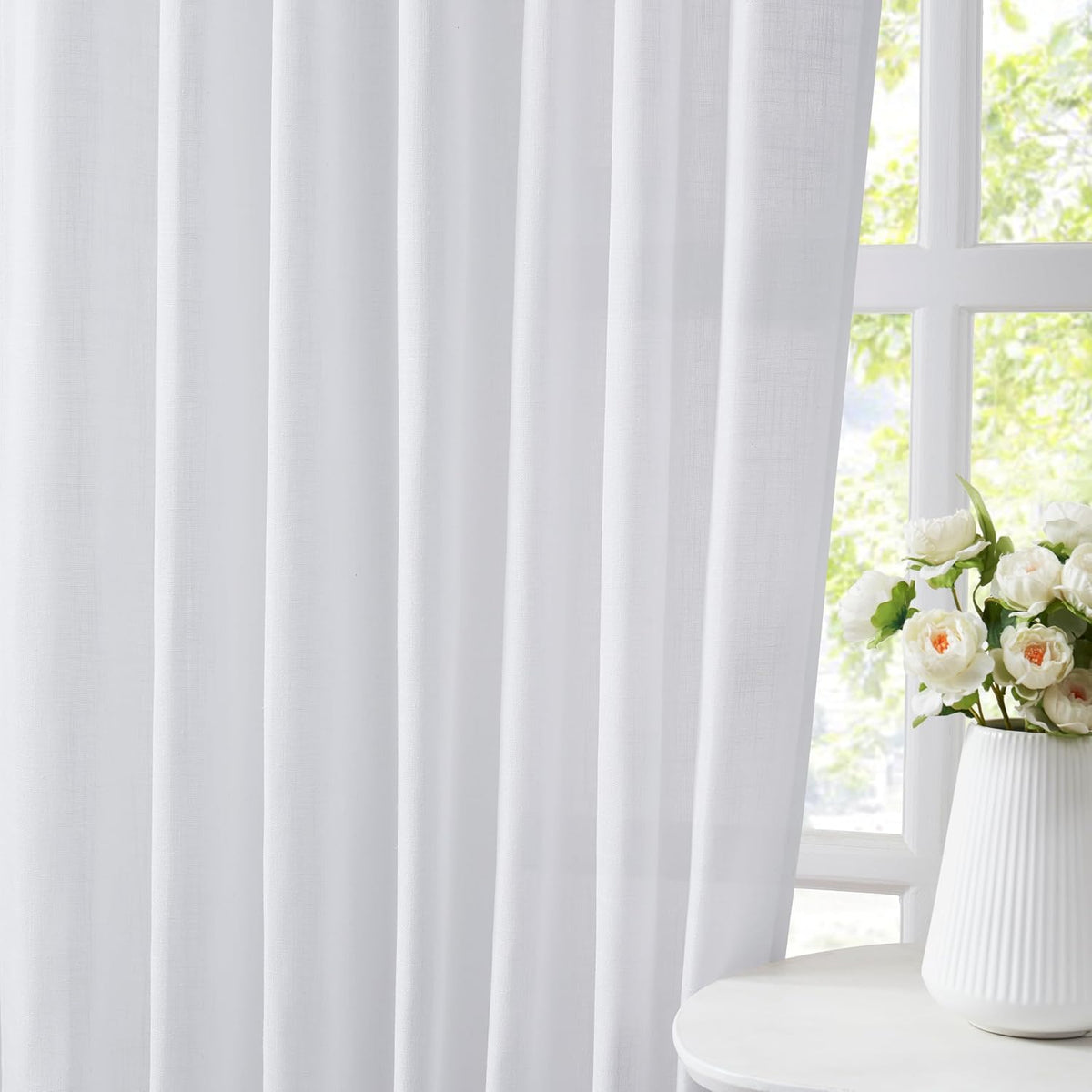 72 Inches White Pinch Pleated Linen Semi Sheer Curtains (Set of 2 Panels)