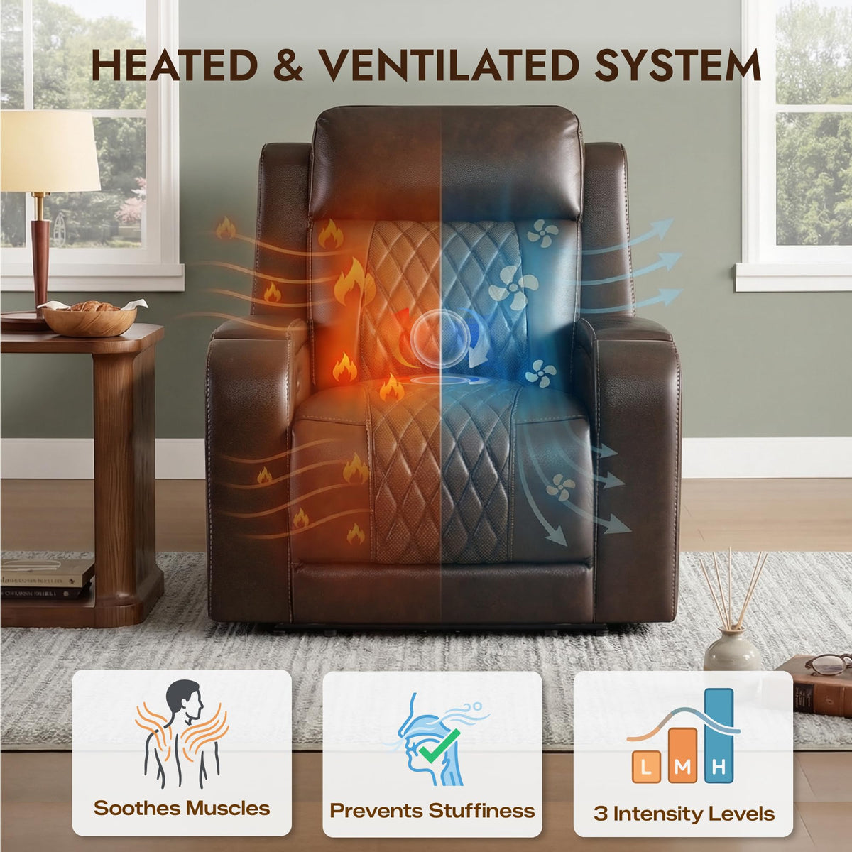 Genuine Leather Power Recliner Chair with Heating& Cooling