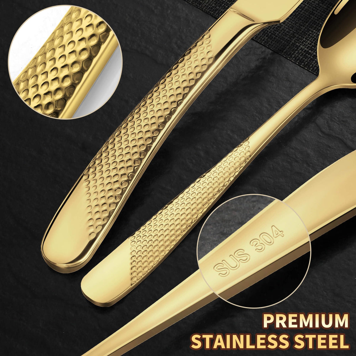 20-Piece Hammered Gold Silverware Set for 4,18/10 Stainless Steel Flatware Set with Serrated Forged Knives,Heavy Duty