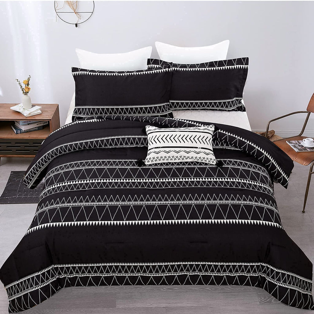 Black Comforter Set King Size (104"x 90"), 3 Piece Boho Striped Bedding Fall