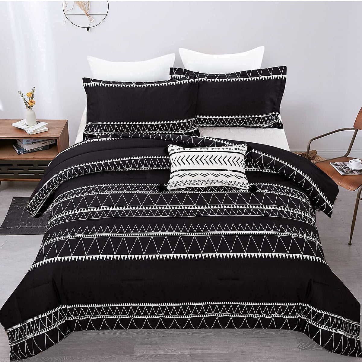 Black Comforter Set King Size (104"x 90"), 3 Piece Boho Striped Bedding Fall