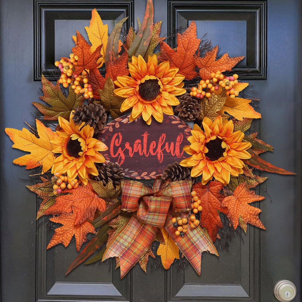 Fall Wreath for Front Door, Autumn Sunflower Wreath, Harvest Decor