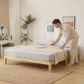 King Size Japanese Natural Pine Wood Bed Frame, Mid-Century 12 inch H Low Platform Beds, 8.5 inch Under Bed Storage