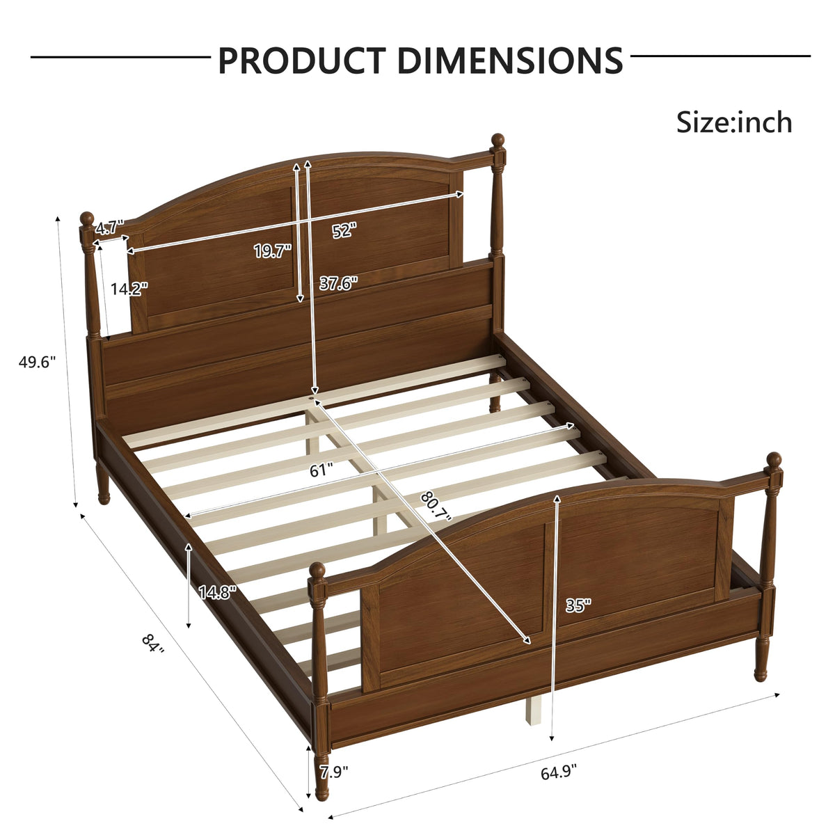 Farmhouse Traditional Platform Bed with Arched Headboard and Footboard, Cottage Panel Wooden Bed Frame