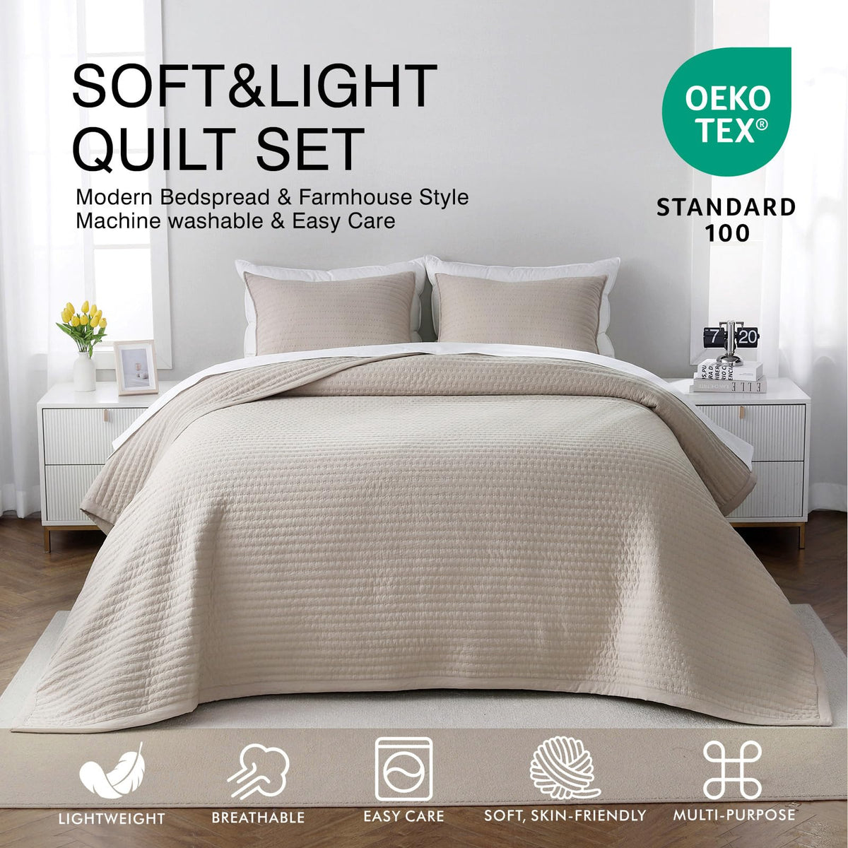 Quilt Set 112 x 106 in, Lightweight, Oatmeal