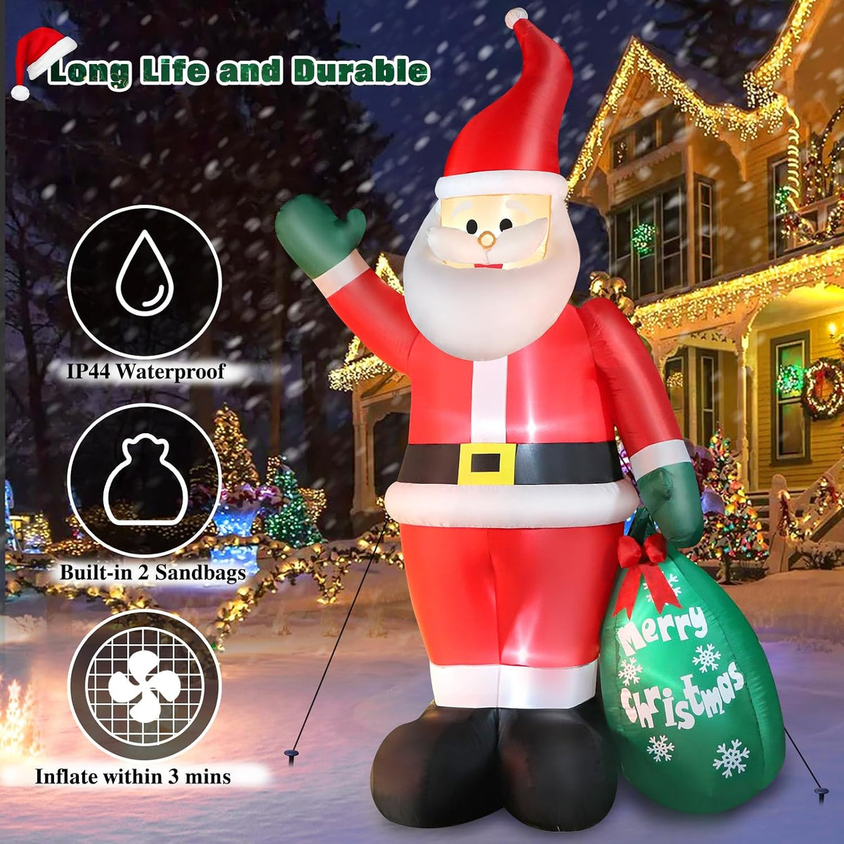 10 FT Christmas Inflatable Santa Claus Outdoor Decor for Yard, Giant Blow up Santa Decoration with Big Gift Bag