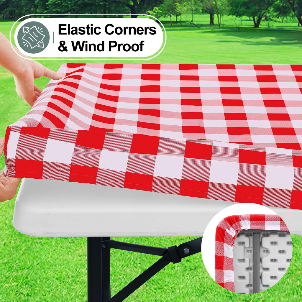 Buffalo Rectangle Picnic Tablecloth, 6 Foot Elastic Fitted Vinyl Table Cloth with Flannel Backing, Waterproof Plaid