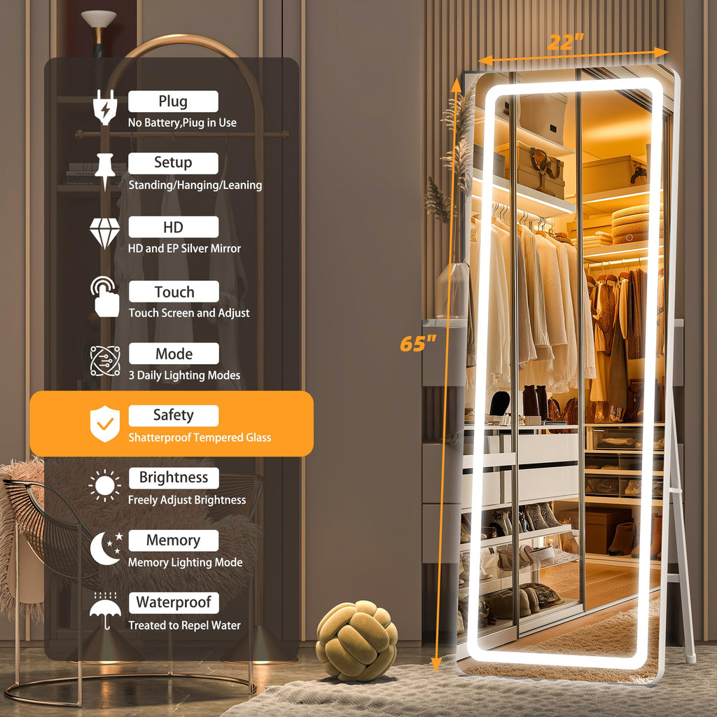 Full Length Mirror with Lights, 65" x 22" LED Floor, Full Body Dressing Standing, Hanging Mounted Mirror, Round White