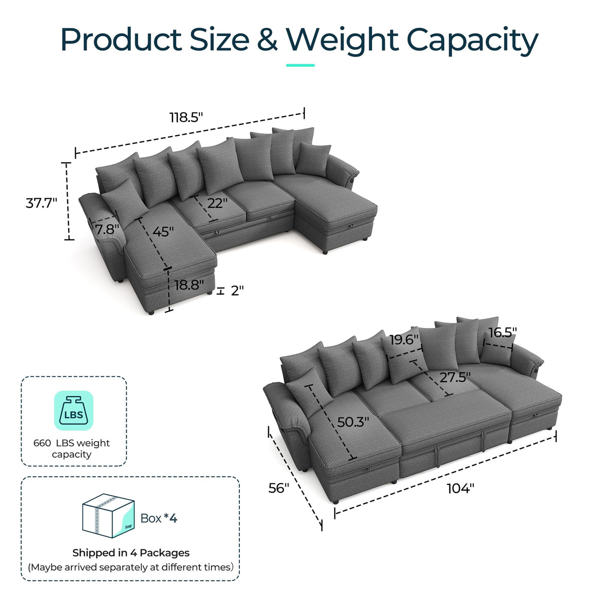 Sectional Couch with Pull Out Bed, Large Corduroy Modular Sleeper Sofa, Storage Chaise, Wide Armrest, 118" 4 Seats