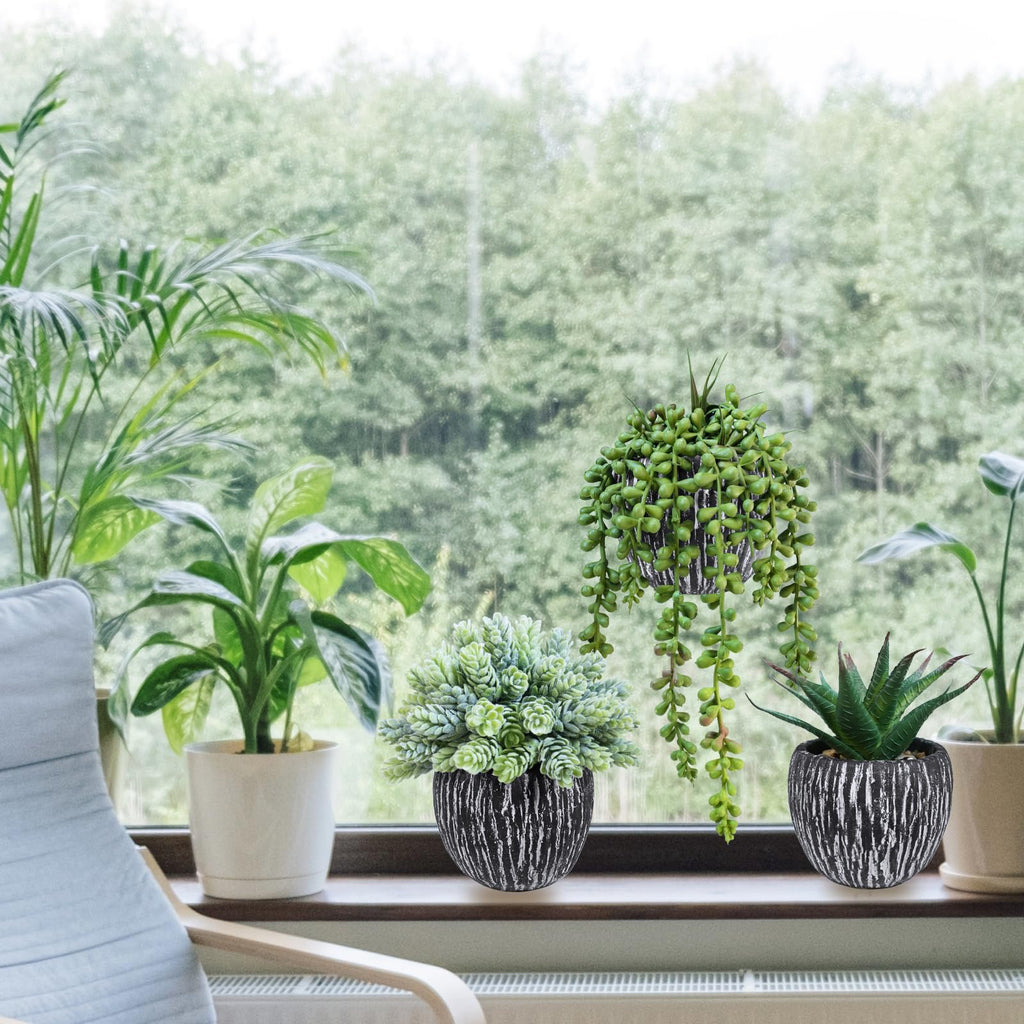 Set of 3 Artificial Succulent Plants in Black Pots Fake Hops Aloe String of Pearls Potted Plants Small Faux Plants