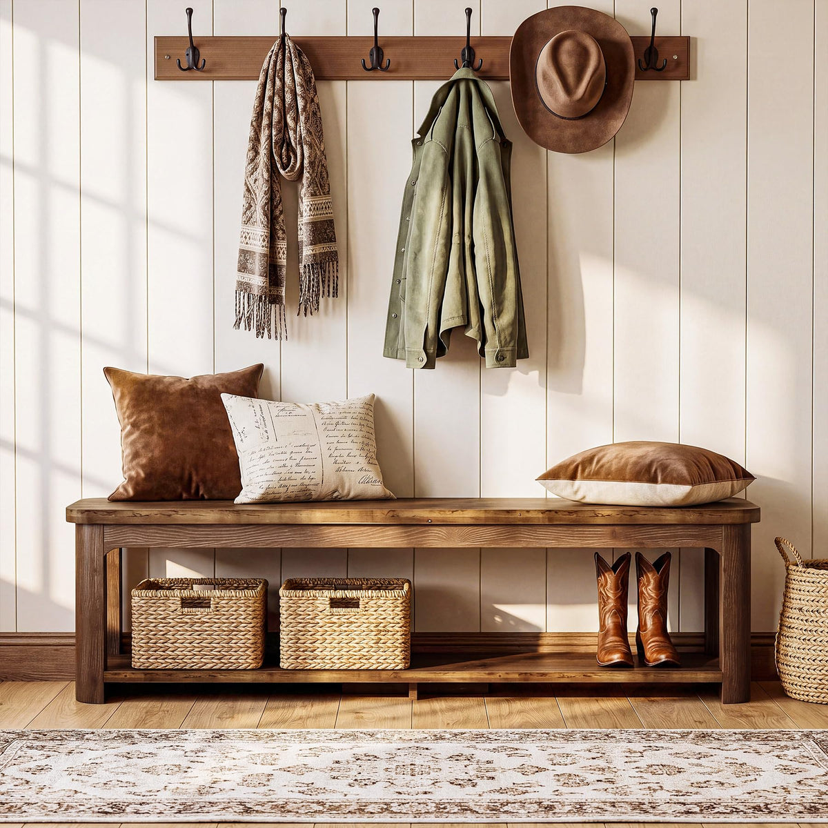 71" Solid Wood Beach with Storage, Farmhouse Entryway Shoe Bench