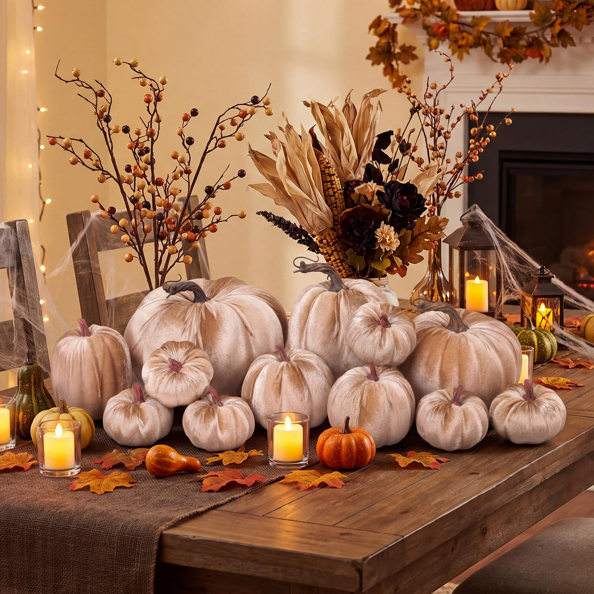 12 Pcs Artificial Large Velvet Pumpkins Fake Champagne Pumpkin