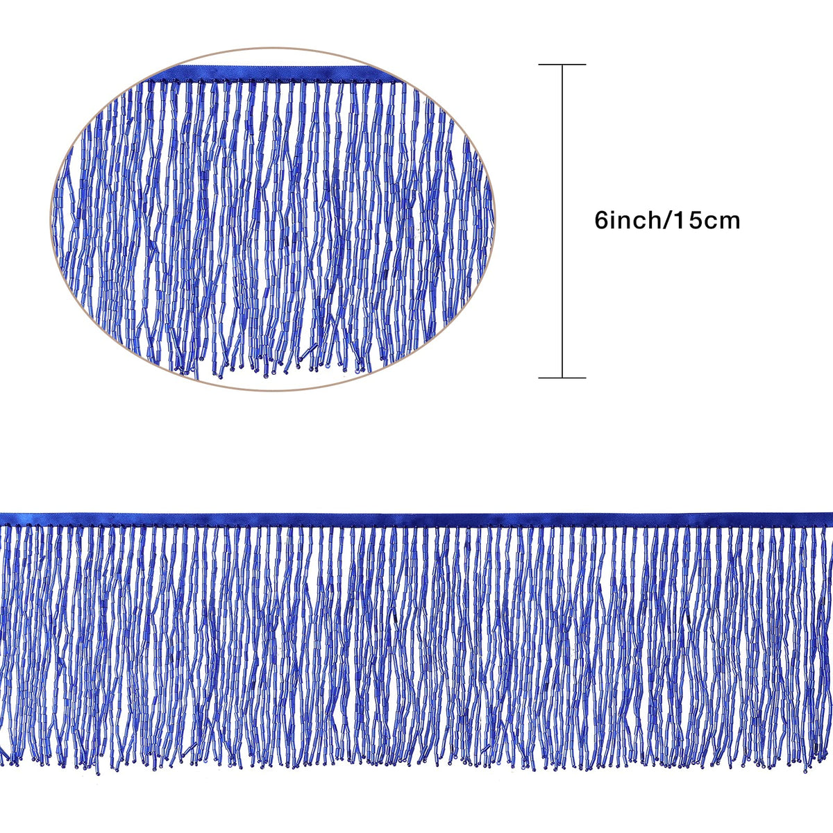 Beaded Fringe Trim for DIY Sewing Craft, 6in Wide, Royal Blue - 1 Yard