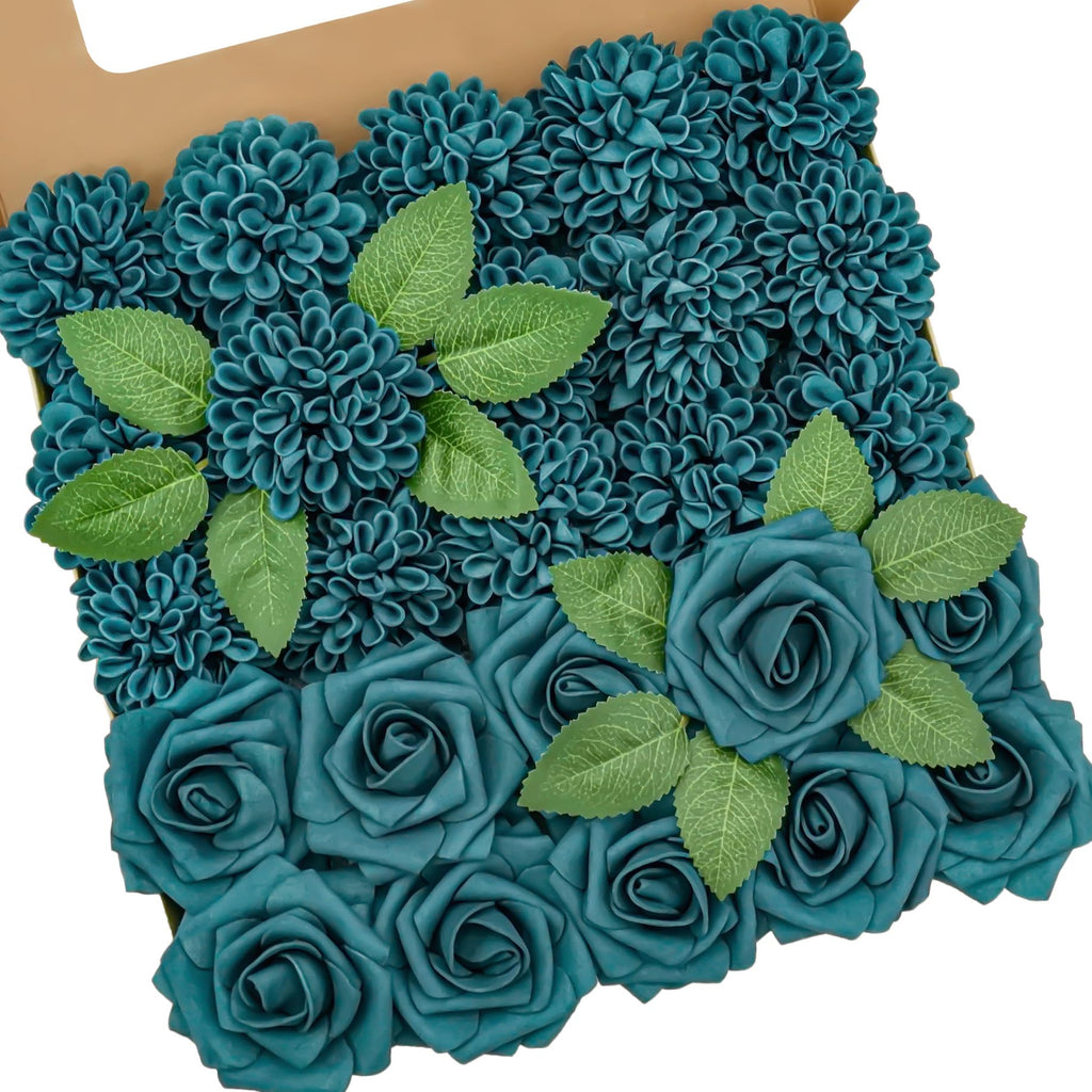 Artificial Flowers, 25pcs Dark Teal Artificial Rose and Dahlia for Wedding