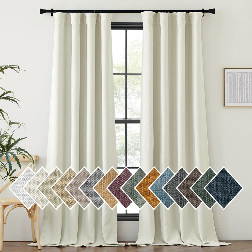 Thick Faux Linen Bedroom Curtains 108 inches Long, Room Darkening Dual Rod Pockets & Hook Belt Thermal Curtains Noise