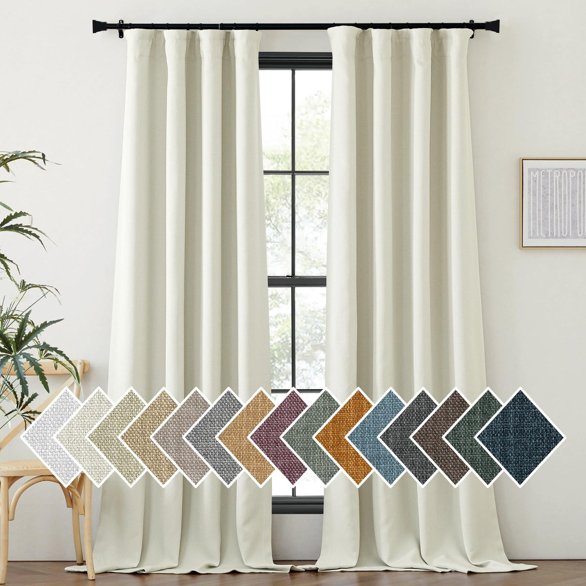 Thick Faux Linen Bedroom Curtains 108 inches Long, Room Darkening Dual Rod Pockets & Hook Belt Thermal Curtains Noise