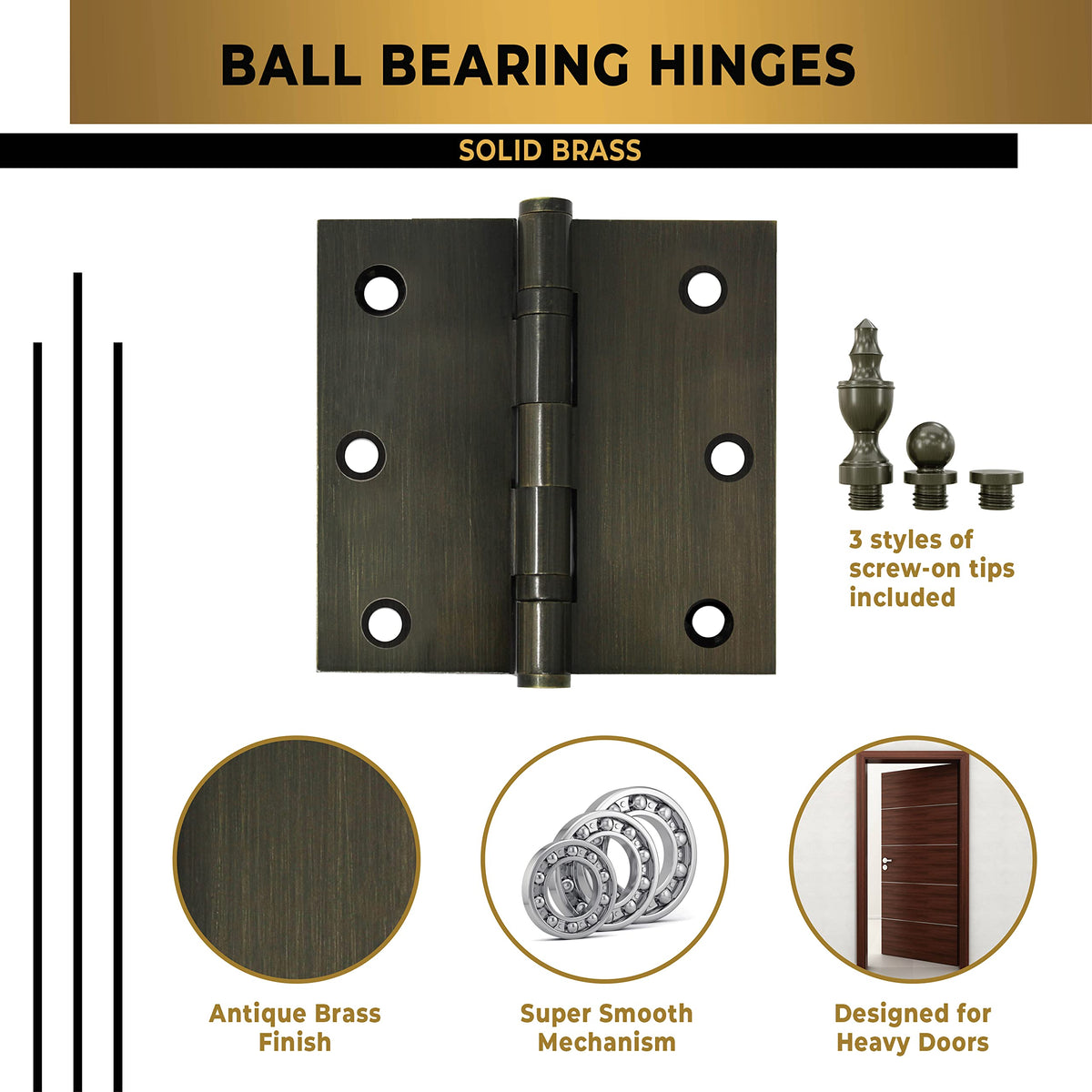 Solid Brass Door Hinge Heavy Duty Ball Bearing 3.5 x 3.5 Inch with Decorative Screw-on Tips Included - Set of 2