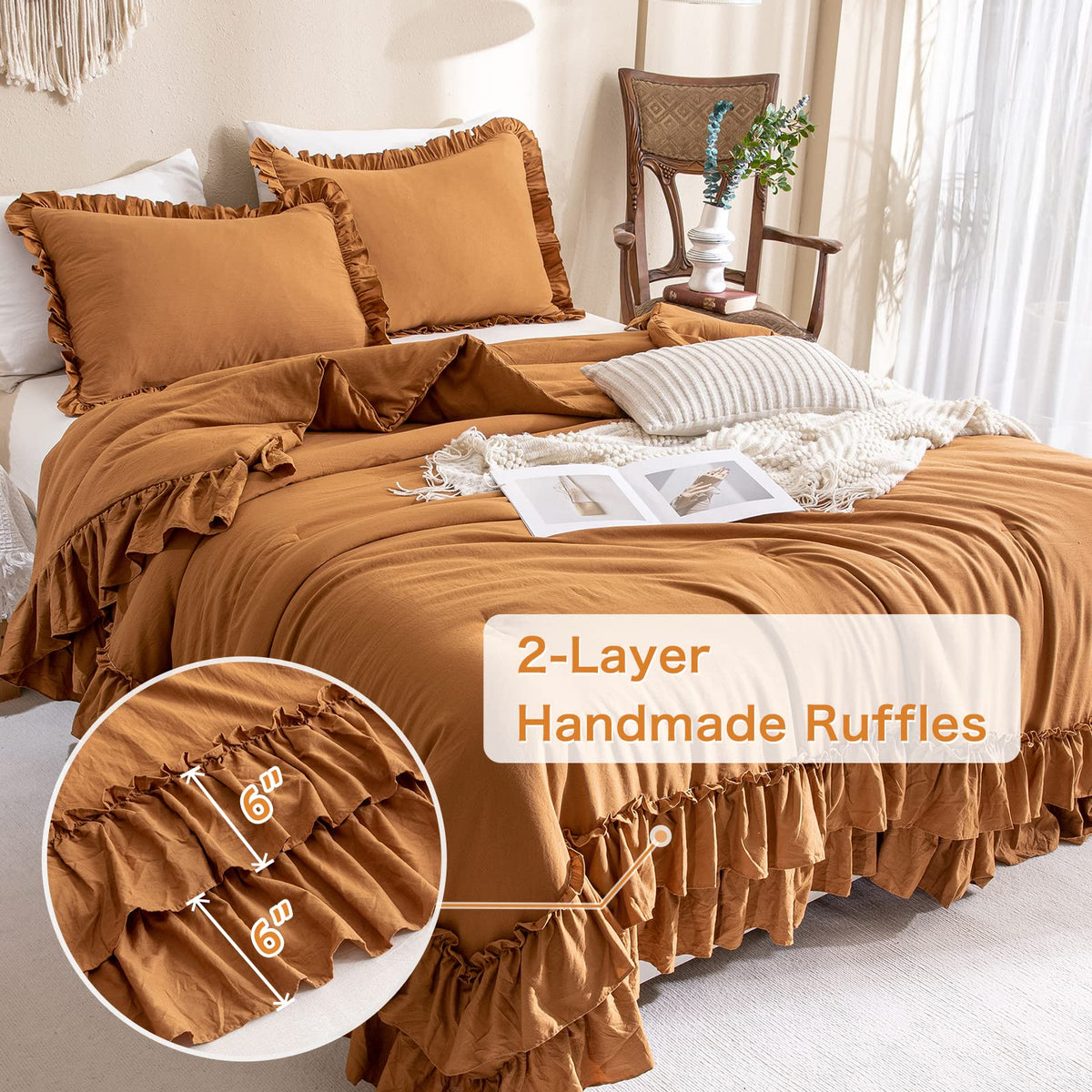 Pumpkin Color Ruffle Comforter Queen Size, Farmhouse Shabby Boho Chic Queen Bedding Comforter Set, 3pcs Ultra Soft