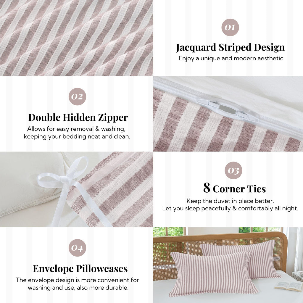 Jacquard Striped Duvet Cover Set 3pcs Dual Zipper Mauve Cal King