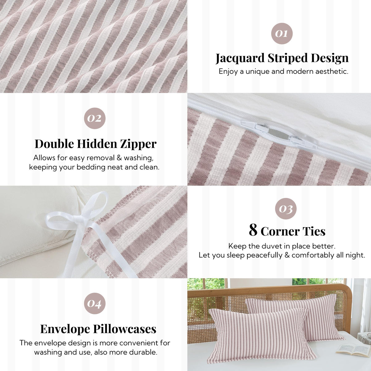 Jacquard Striped Duvet Cover Set 3pcs Dual Zipper Mauve Cal King