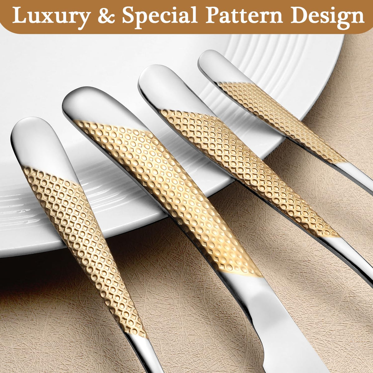 24 Piece Gold Hammered Silverware Set for 6, Premium Food-grade Stainless Steel Flatware Set, Luxury Design & Mirror