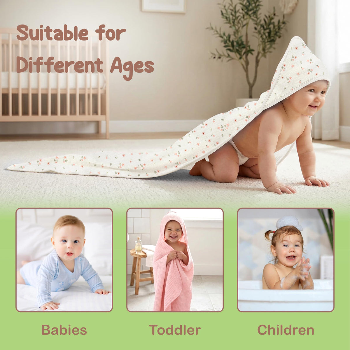TEX 100% Organic Cotton 2 PK Muslin Baby Hooded Towels Newborn 32x32in