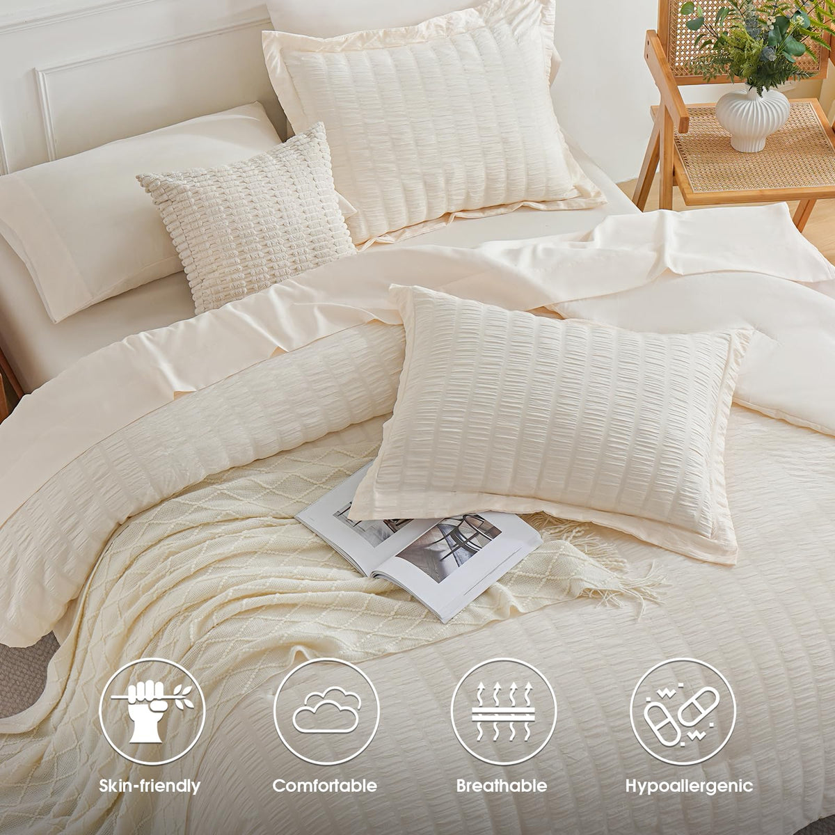 Comforter Set Seersucker 5 Pieces, All Season Bedding Set, Bed in a Bag Comforter Set with Comforter, Flat