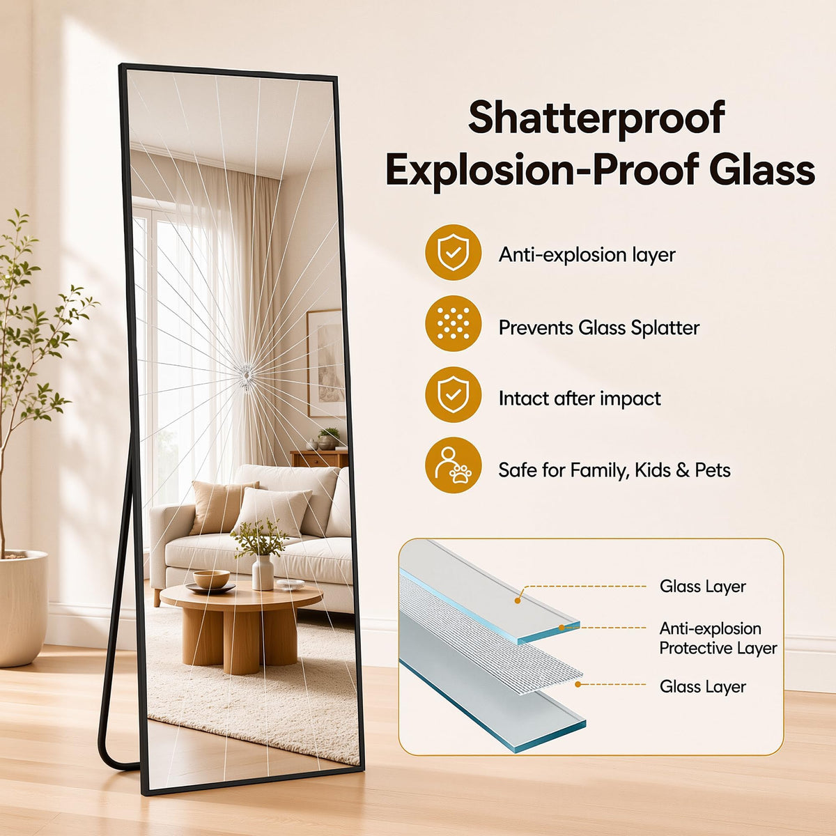 Full Length Mirror, 71"x28" Floor Mirror with Stand, Black, Rect