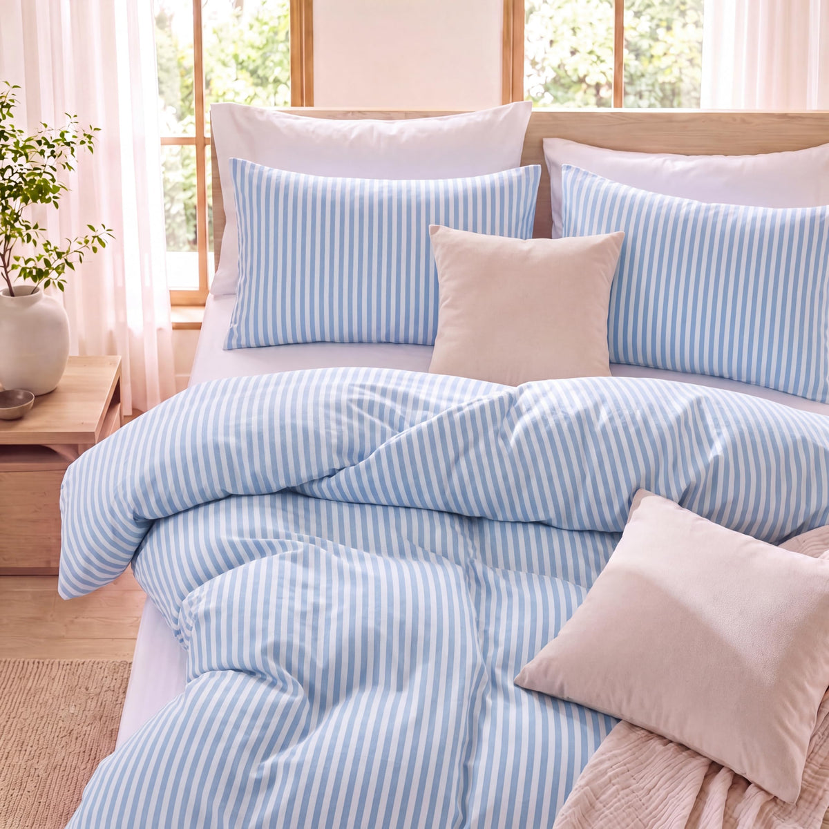Blue Striped Comforter Set, 100% Cotton Comforter Set, 3-Piece