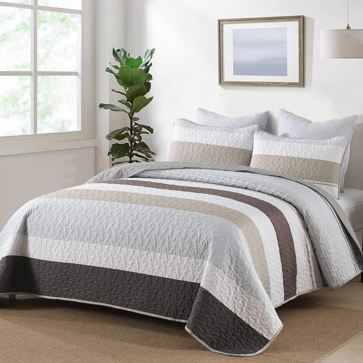 Boho Stripe Quilt Set, Grey Brown Lightweight Bedspread