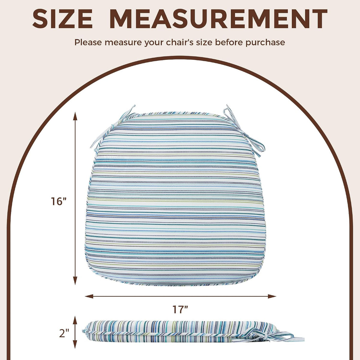 Indoor/Outdoor Chair Cushions Set of 4, 17x16x2Inch-Blue Stripe | Round Corner Patio Chair Pads with Ties