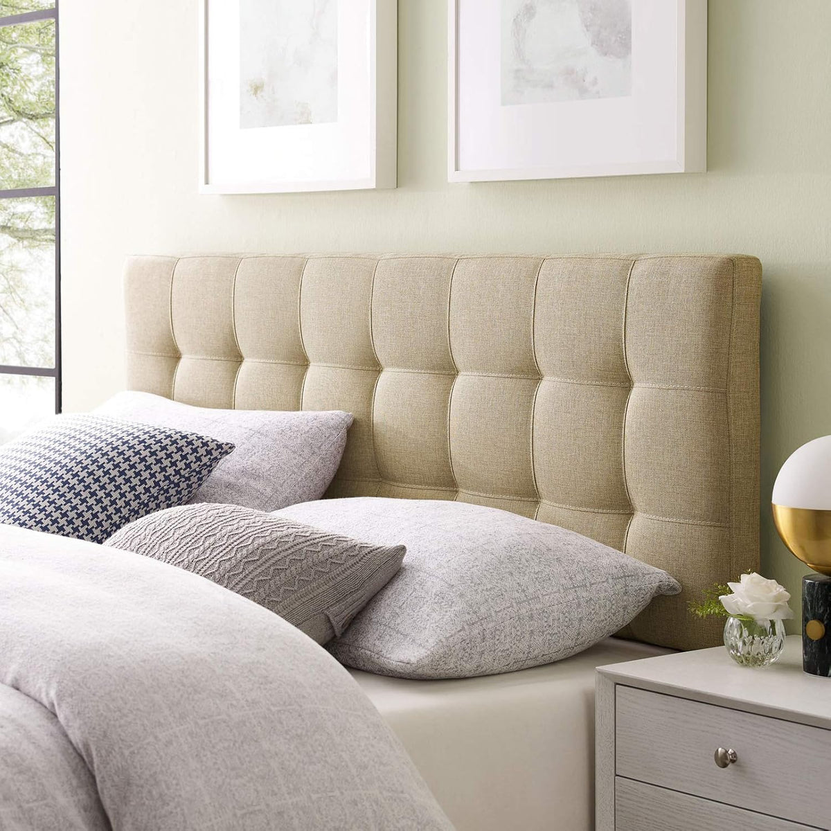 Tufted Beige Linen Queen Headboard with Padded Upholstery