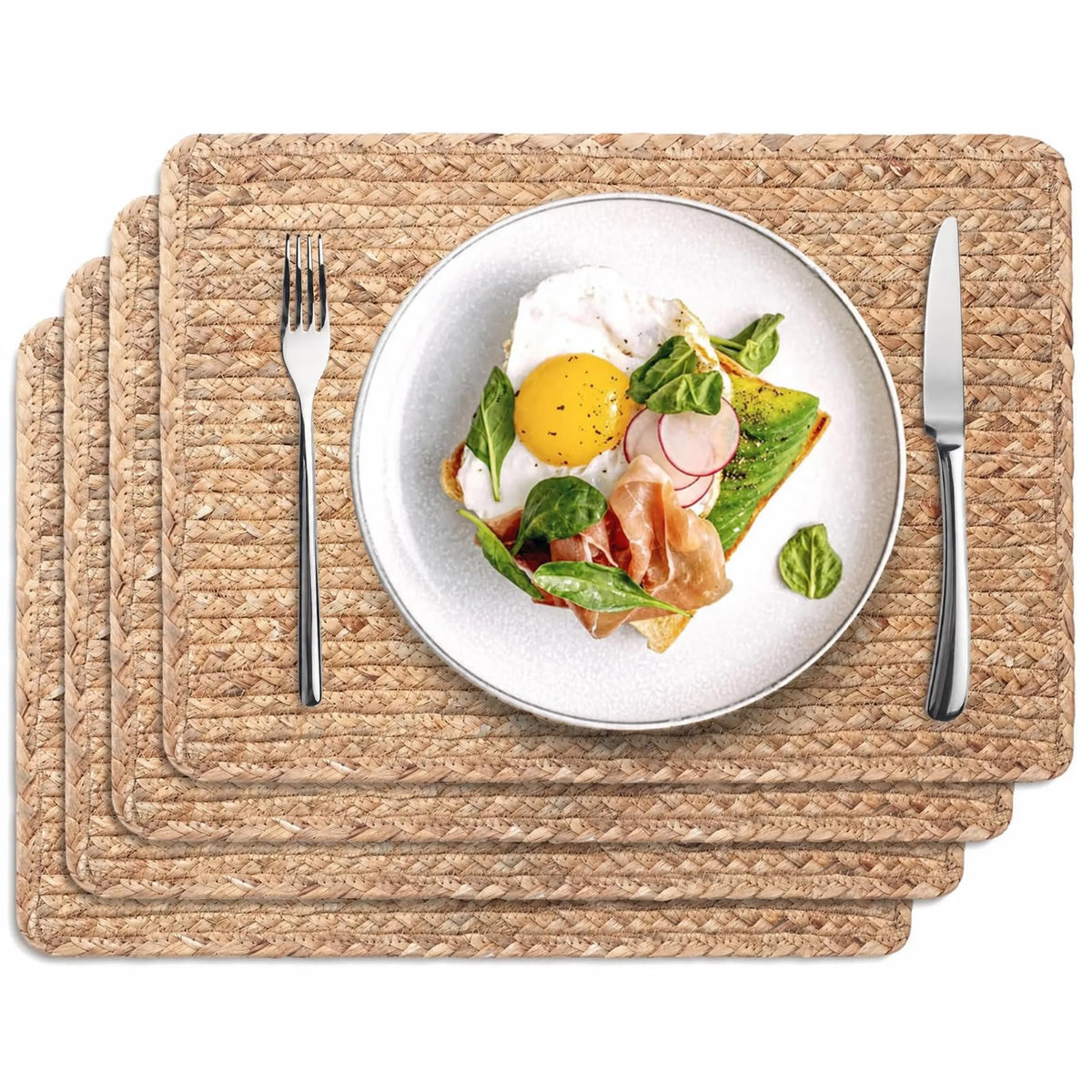Woven Placemats Set of 4, 17" x 12" Rattan Table Mats, Natural Water Hyacinth Chargers for Dinner Plates, Wicker