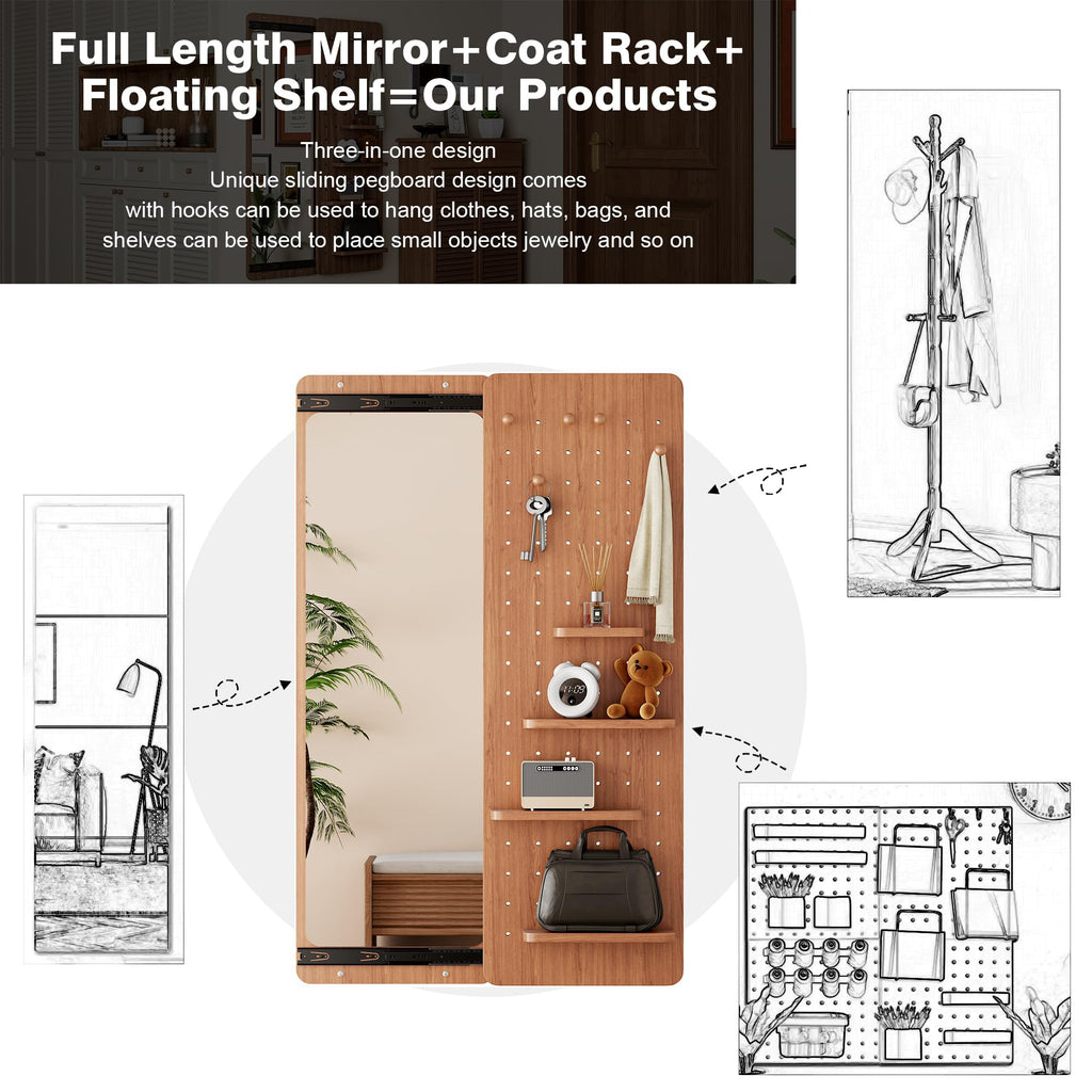 Wall Mounted Full Length Mirror with Storage Shelf and Hooks