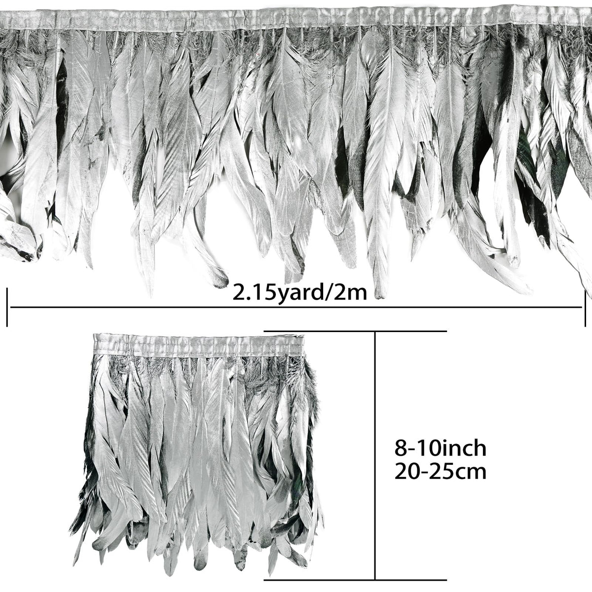 Sliver Rooster Fringe Trim 2.15Yard 8-10inch for Feather Shawl Cape,DIY Sewing Craft Clothing Wedding Decoration