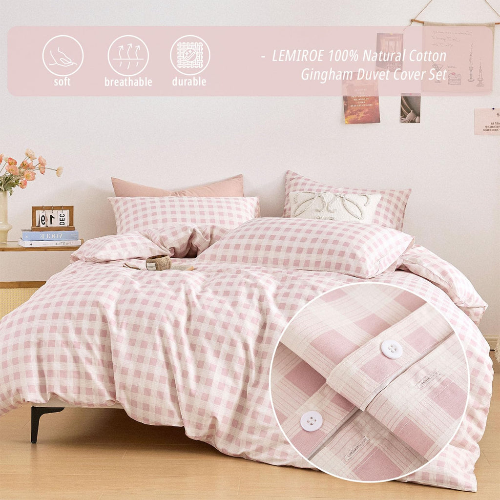 Cottage Gingham 100% Cotton Duvet Cover 3PC - Sweet Blush Pink & Soft White Mini Check Pattern, Modern