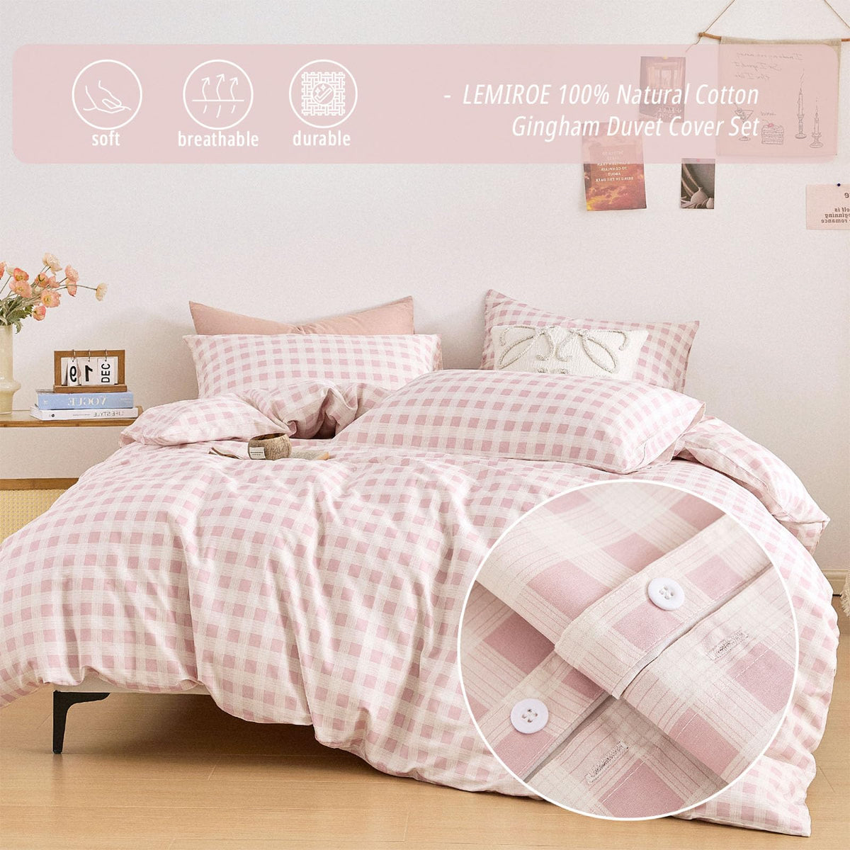 Cottage Gingham 100% Cotton Duvet Cover 3PC - Sweet Blush Pink & Soft White Mini Check Pattern, Modern