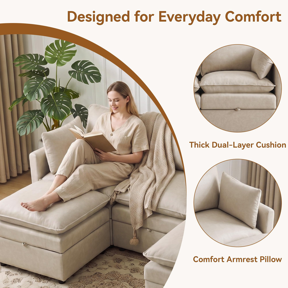 105" Beige Faux Leather Storage 4 Seater Sofa with 2 Ottomans, Comfy Couch