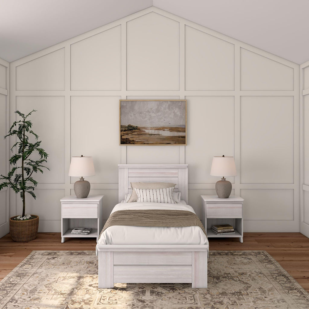 Modern Farmhouse Single Bed, Panel Headboard, White Wash