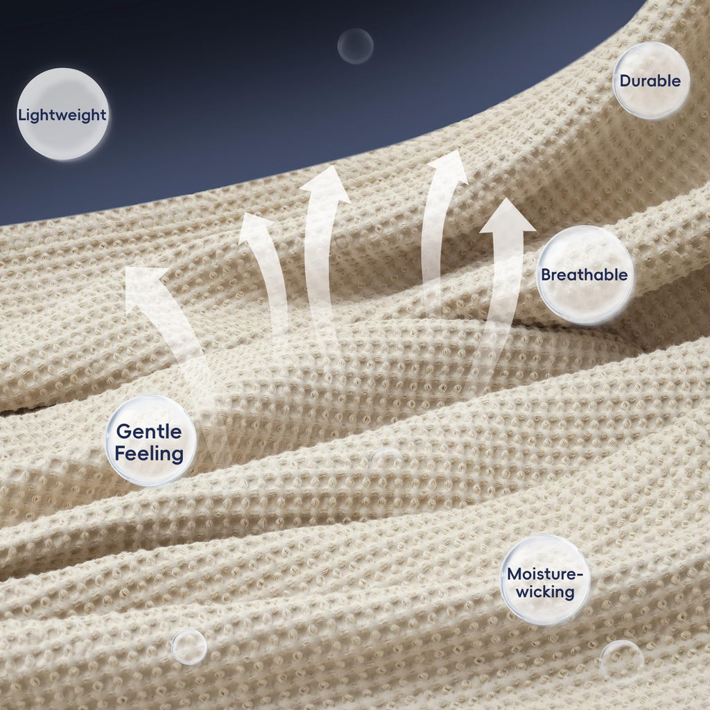 100% Cotton Waffle Blanket Lightweight Breathable, Linen/Stone